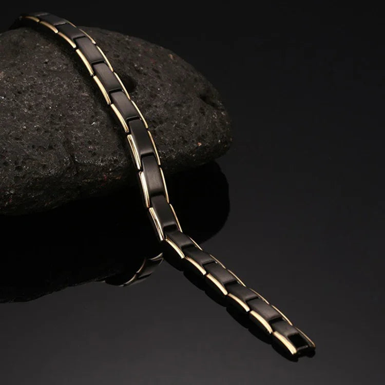 Bracelet magnétique de santé pour hommes, style européen et américain, en acier inoxydable et placage or, Taille : 12mm*22cm (Noir+Or)