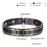 Bracelet magnétique de santé pour hommes, style européen et américain, en acier inoxydable et placage or, Taille : 12mm*22cm (Noir+Or)