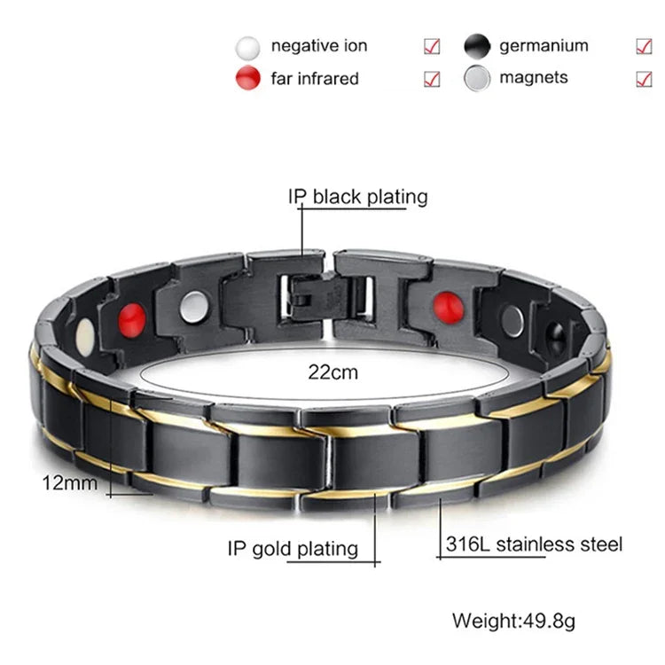 Bracelet magnétique de santé pour hommes, style européen et américain, en acier inoxydable et placage or, Taille : 12mm*22cm (Noir+Or)
