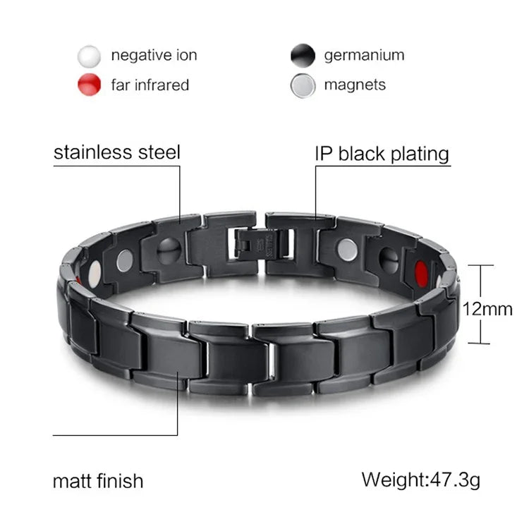 Bracelet magnétique de santé pour hommes, style européen et américain, en acier inoxydable et plaqué noir, taille : 12mm*22cm (noir)