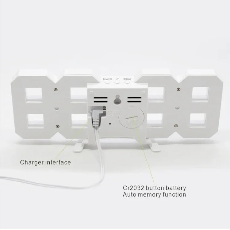 Grande horloge murale numérique LED 3D multifonction avec fonction snooze, affichage 12/24 heures pour maison, cuisine, bureau, DC 5V, certifiée CE, corps blanc caractères verts, corps blanc caractères bleus, corps blanc caractères rouges