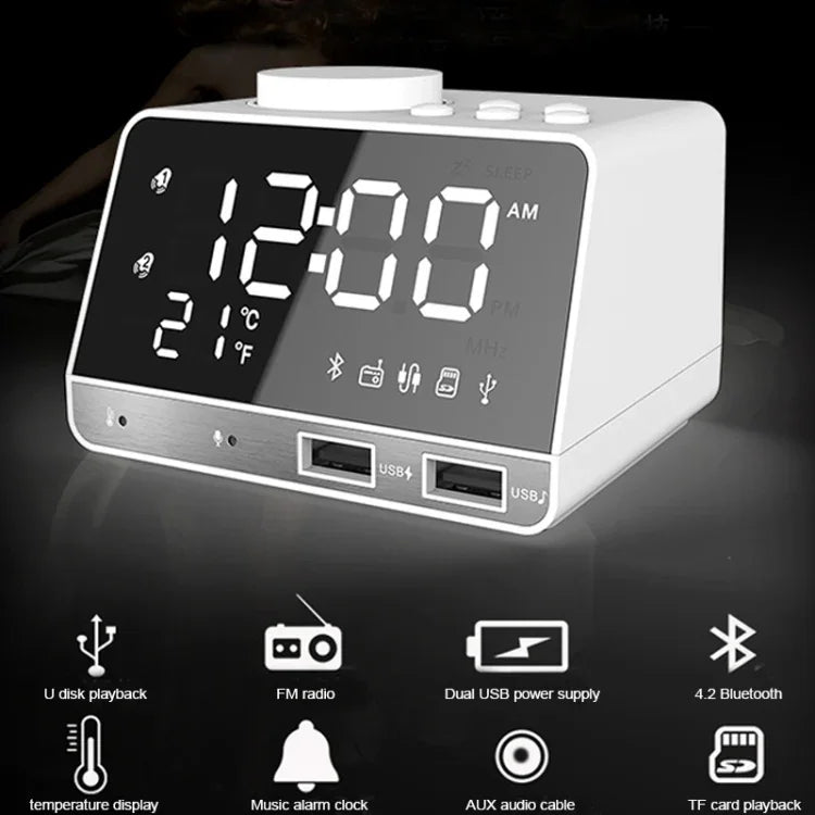 Horloge réveil enceinte Bluetooth K11, horloge musicale numérique créative avec affichage radio, double interface USB, support disque U / carte TF / FM / AUX, prise US, prise US(Noir), prise US(Blanc)