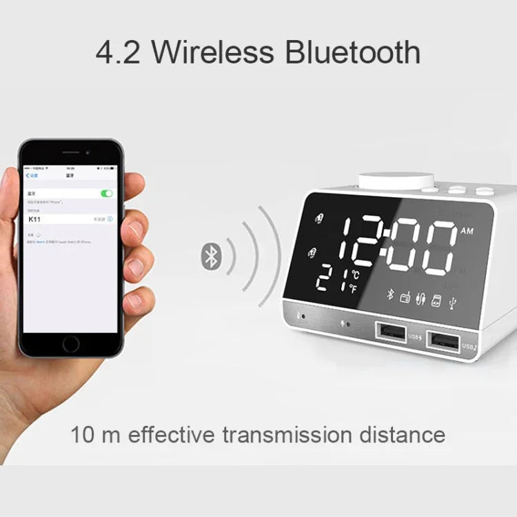 Horloge réveil enceinte Bluetooth K11, horloge musicale numérique créative avec affichage radio, double interface USB, support disque U / carte TF / FM / AUX, prise UK, prise UK(Noir), prise UK(Blanc)