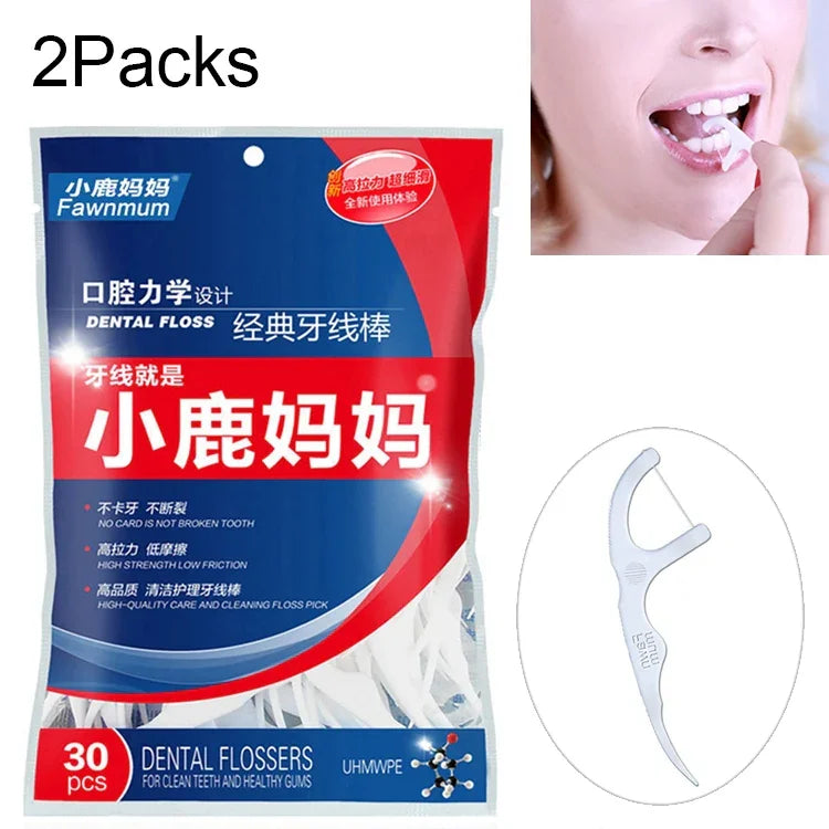 2 paquets Fawnmum Fil dentaire de sécurité ultra-fin Bâtonnet cure-dent Fil portable Sac de fil dentaire, 2 paquets / (30pcs)