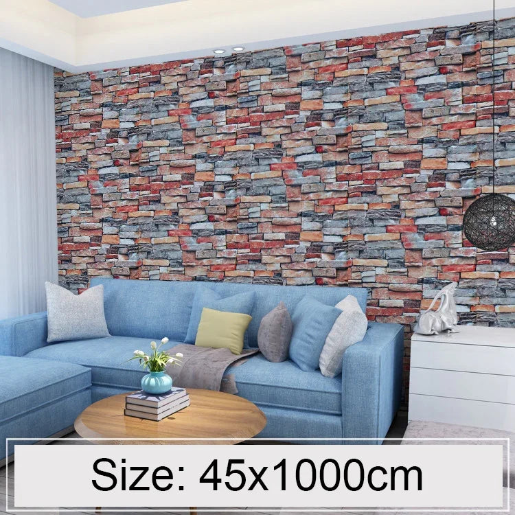 Papier peint autocollant décoratif créatif en brique de pierre colorée 3D, chambre, salon, mur, rouleau de papier peint étanche, taille : 45 x 1000cm, pierre colorée 3D