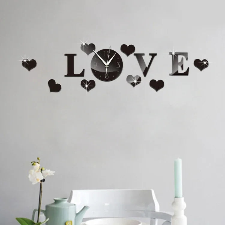 Horloge LOVE créative en miroir acrylique autocollant mural DIY, Horloge LOVE miroir acrylique (Noir), Horloge LOVE miroir acrylique (Or), Horloge LOVE miroir acrylique (Argent)