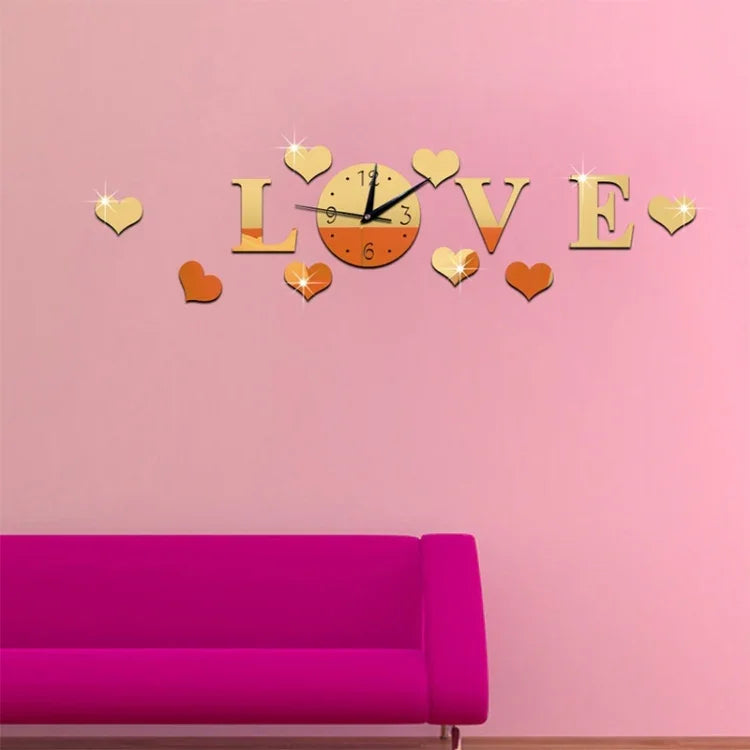 Horloge LOVE créative en miroir acrylique autocollant mural DIY, Horloge LOVE miroir acrylique (Noir), Horloge LOVE miroir acrylique (Or), Horloge LOVE miroir acrylique (Argent)