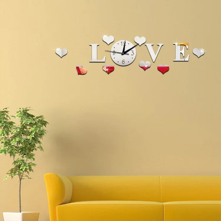 Horloge LOVE créative en miroir acrylique autocollant mural DIY, Horloge LOVE miroir acrylique (Noir), Horloge LOVE miroir acrylique (Or), Horloge LOVE miroir acrylique (Argent)