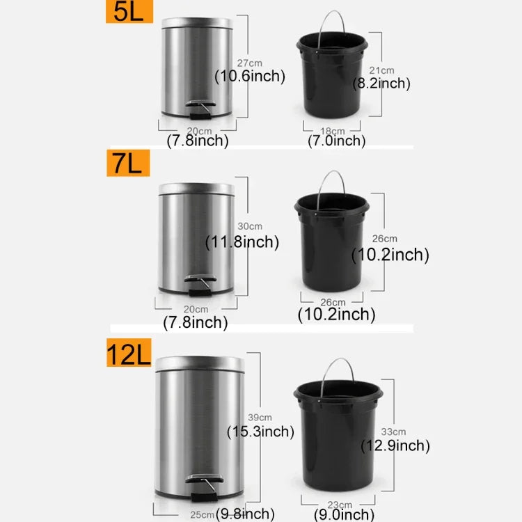 Poubelle à pédale couverte en acier inoxydable ronde et à la mode pour la maison, l'hôtel, le bureau, Taille : 7L, Taille : 7L
