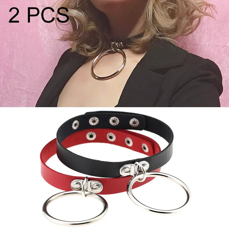 2 colliers ras du cou en cuir de style punk européen et américain avec grand anneau en O, couleur aléatoire, DHXQ03