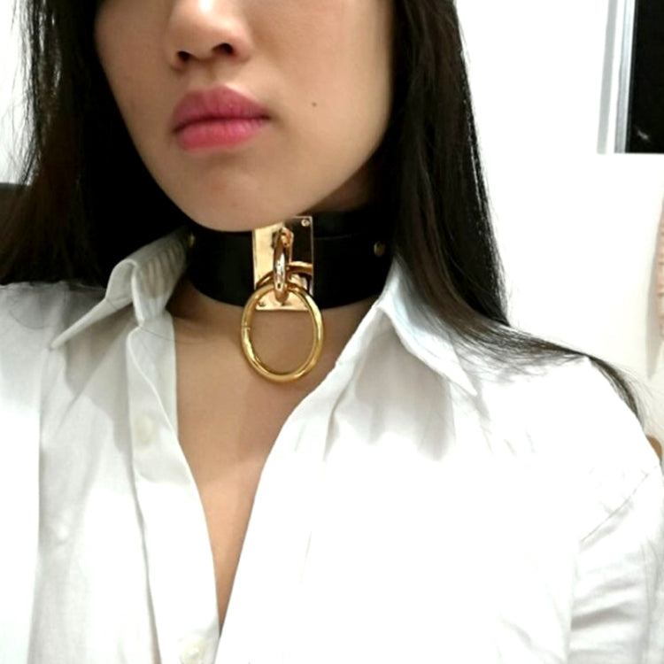Collier ras du cou en cuir PU doré avec anneau simple de style Harajuku européen et américain, large, pour la rue, boîte de nuit, en forme de O, avec anneau doré