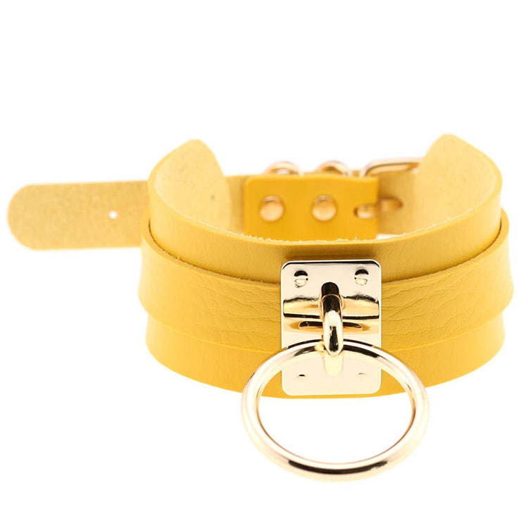 Collier ras du cou en cuir PU doré avec anneau simple de style Harajuku européen et américain, large, pour la rue, boîte de nuit, en forme de O, avec anneau doré