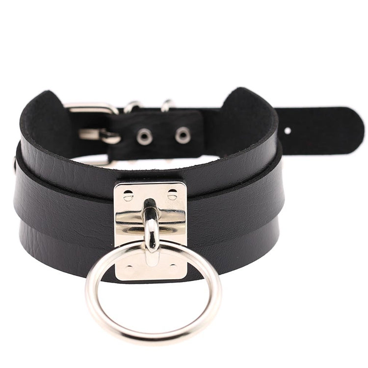 Collier Ras-du-Cou O-Ring Harajuku Européen et Américain en Cuir PU Argenté, Large, Style Street-Snap, pour Nightclub, Anneau Argenté