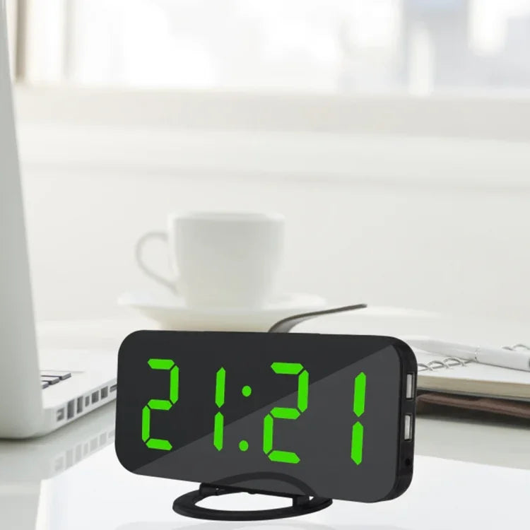 Réveil multifonction créatif à affichage LED miroir réfléchissant avec fonction snooze et 2 ports de charge USB