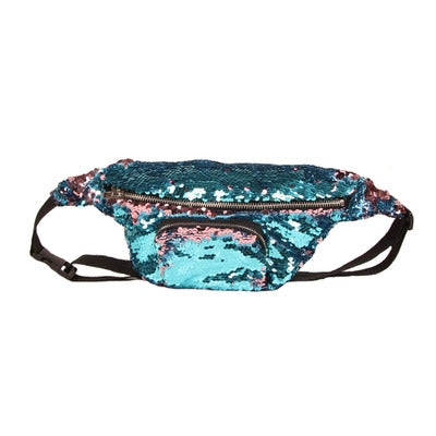 Sac banane à paillettes double couleur Trousse de maquillage Sac à main sirène Sac de poitrine pour femmes et filles Sac de téléphone portable de voyage