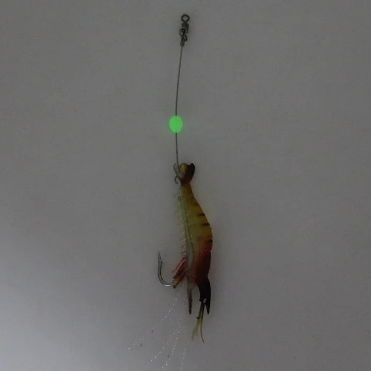 Appâts de pêche artificiels lumineux en forme de crevette avec hameçon, longueur : 7 cm, jaune rouge