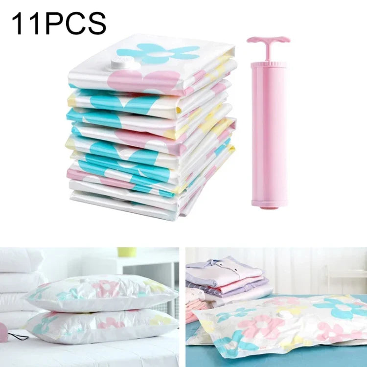 Sacs de rangement sous vide 11 pièces à motif tournesols, Sac de rangement sous vide Thinken pour couettes et vêtements avec pompe manuelle, Comprenant : 3 pièces 80*100 cm, 2 pièces 60*80 cm, 3 pièces 50*70 cm, 2 pièces 40*60 cm, 11 sacs de rangement