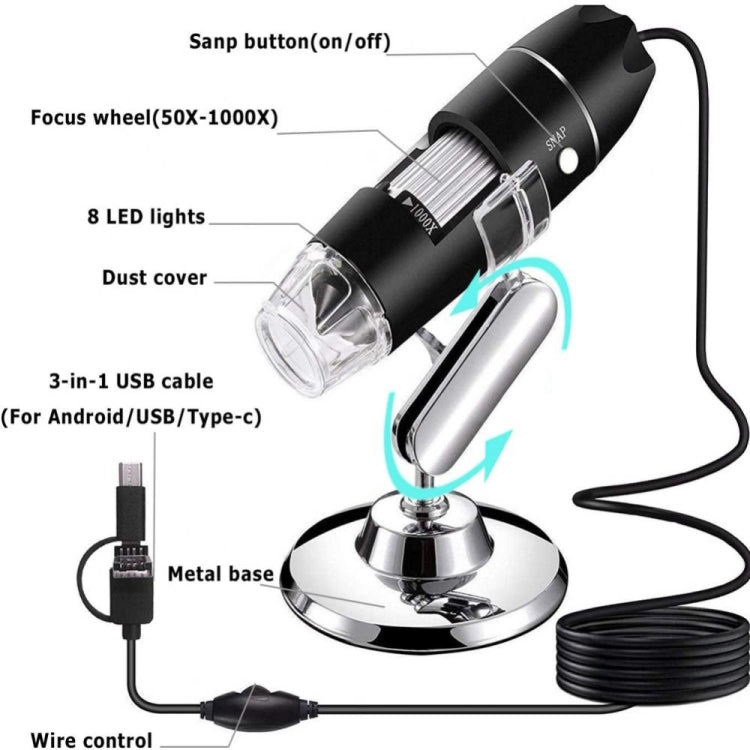 Microscope numérique USB 3 en 1 avec capteur d’image HD 1600X, 8 LED et support professionnel