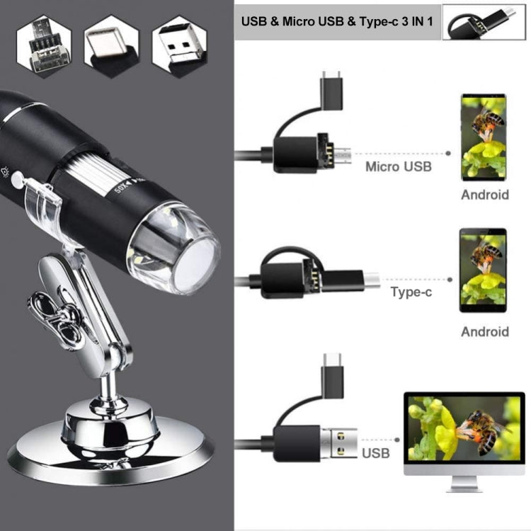 Microscope numérique USB 3 en 1 avec capteur d’image HD 1600X, 8 LED et support professionnel