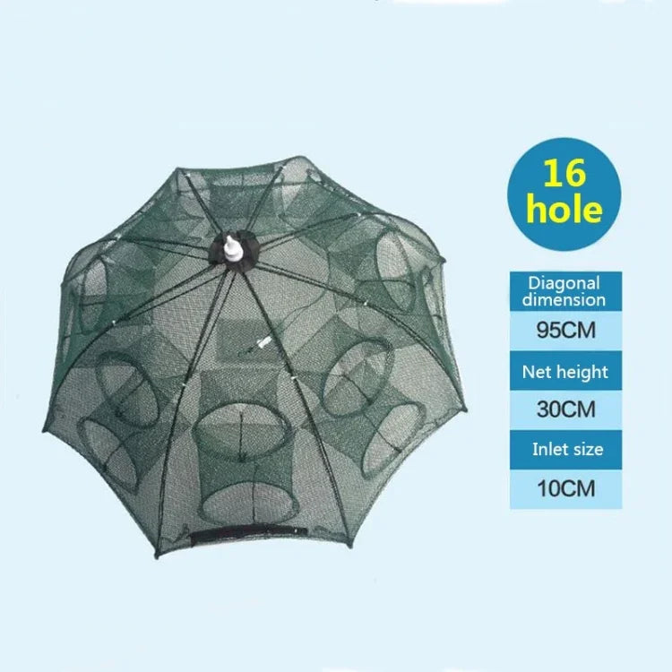 Filet de pêche automatique pliable 16 trous en nylon pour crevettes, crabes, vairons, piège à poissons, équipement de pêche, 16 trous