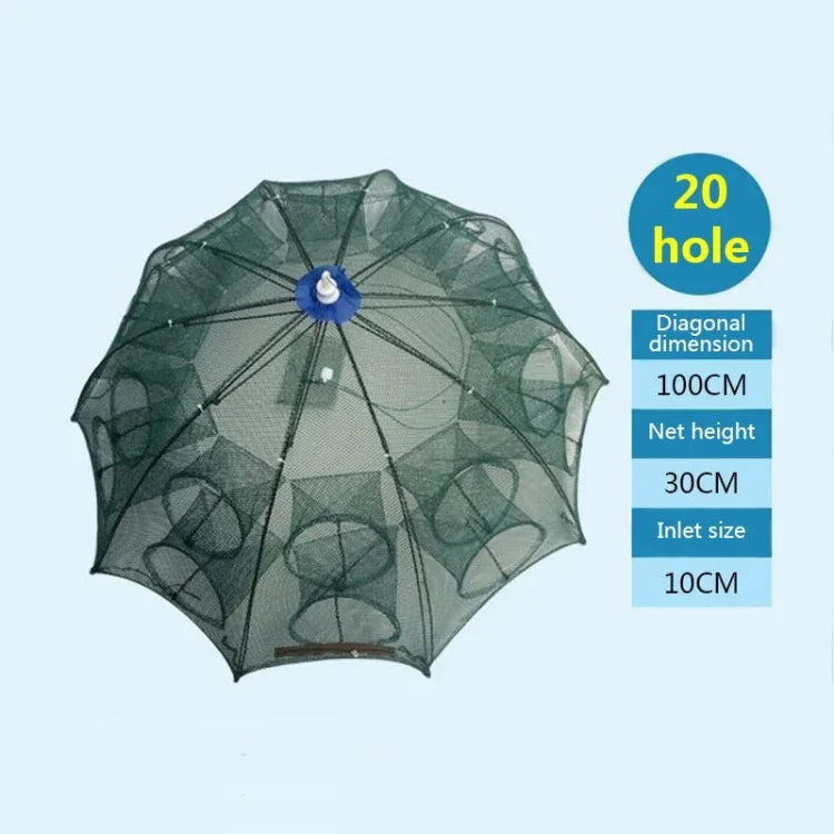 Filet de pêche automatique pliable 20 trous en nylon pour crevettes, crabes, vairons, piège à poissons, équipement de pêche, 20 trous