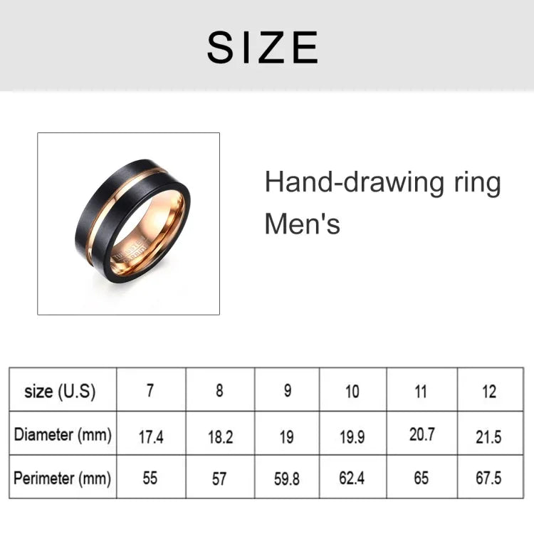 Bague classique pour hommes style Europe et Amérique en carbure de tungstène pur brossé à la main avec placage or rose, Taille : 12, Diamètre : 21.5mm, Périmètre : 67.5mm, Taille : 12