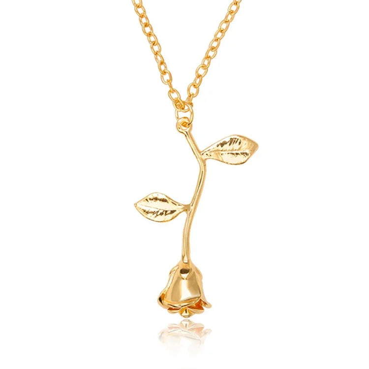 Collier Chaîne Pendentif Fleur de Rose Cadeau Saint-Valentin, Longueur de Chaîne : 45cm