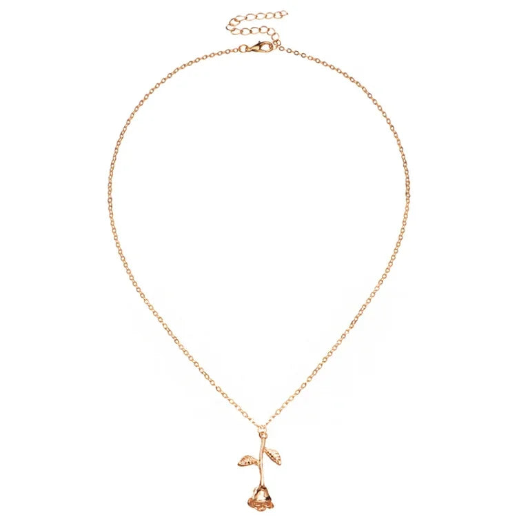 Collier Chaîne Pendentif Fleur de Rose Cadeau Saint-Valentin, Longueur de Chaîne : 45cm
