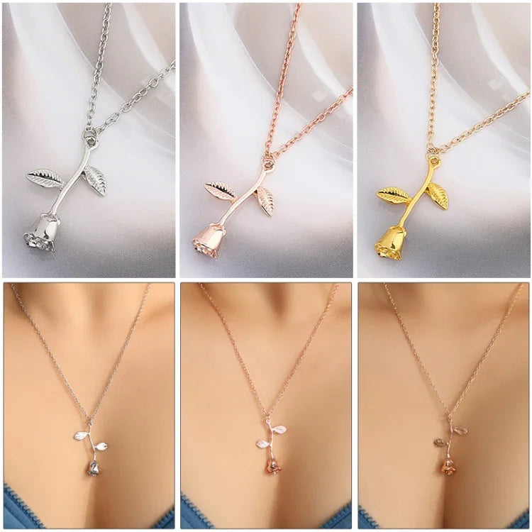 Collier Chaîne Pendentif Fleur de Rose Cadeau Saint-Valentin, Longueur de Chaîne : 45cm