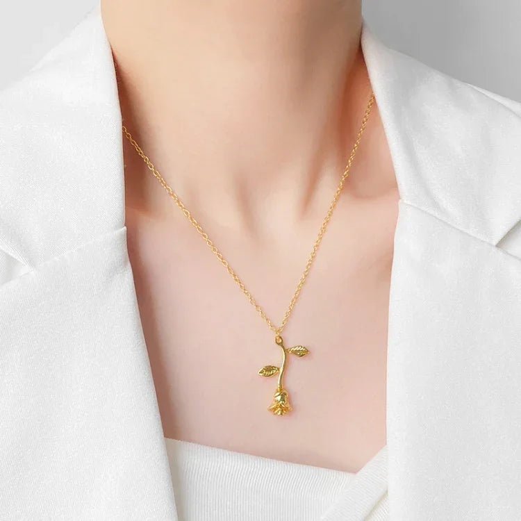 Collier Chaîne Pendentif Fleur de Rose Cadeau Saint-Valentin, Longueur de Chaîne : 45cm