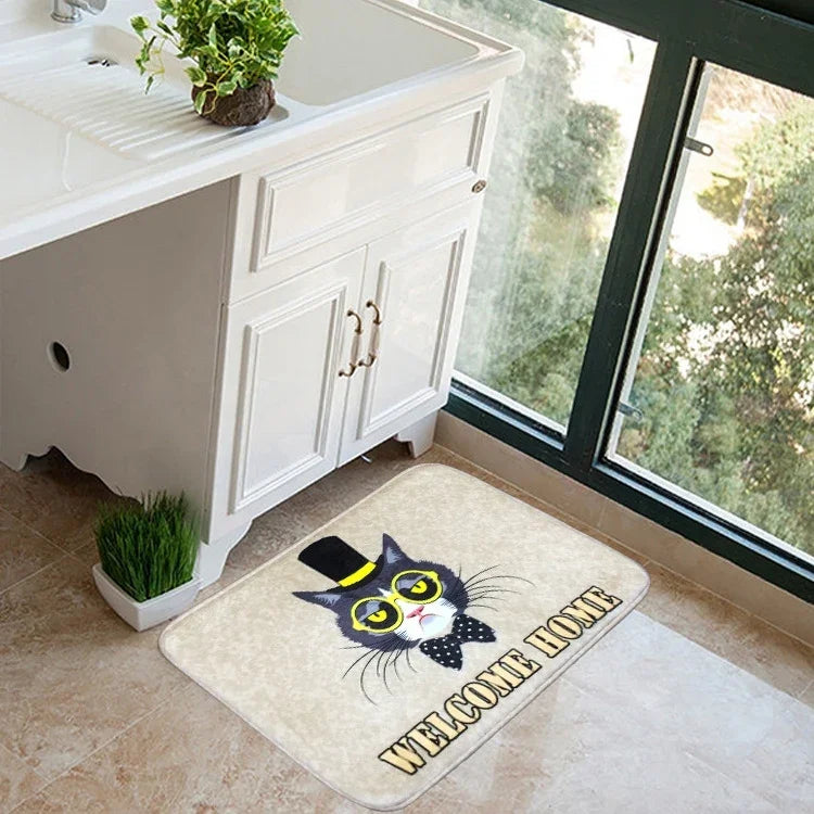 Paillasson Motif chat et chien Flanelle Tapis de salle de bain rectangulaire Tapis de salon et de chambre à coucher anti-dérapant Tapis de sol domestique, Taille:50*80cm, Motif:Chat Taille:50*80cm