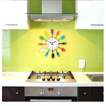 Horloge murale de cuisine en métal avec couverts, design créatif en quartz, moderne et décorative, argent