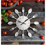 Horloge murale de cuisine en métal avec couverts, design créatif en quartz, moderne et décorative, argent