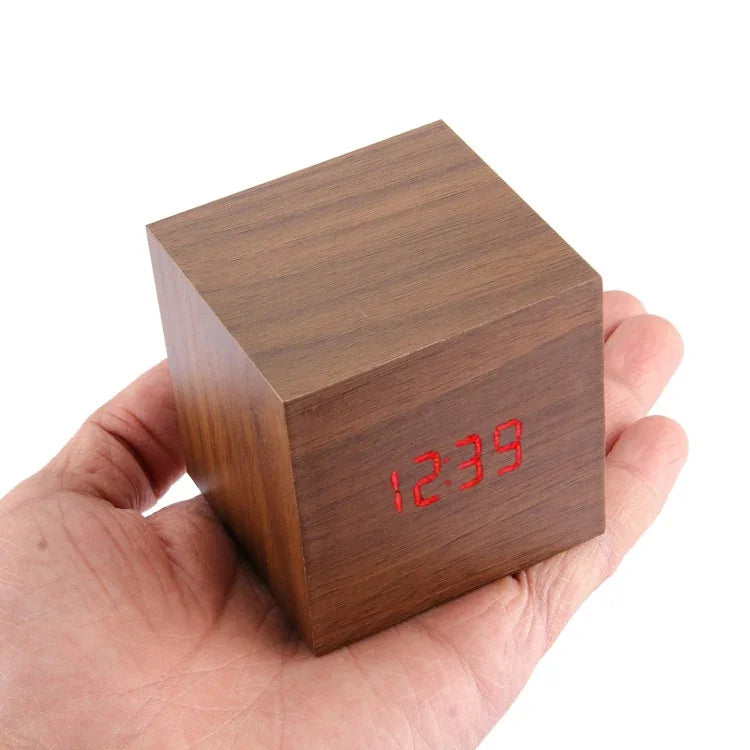 Horloge de bureau en bois avec affichage LED numérique, réveil avec affichage de l'heure, date et température, horloge en bois