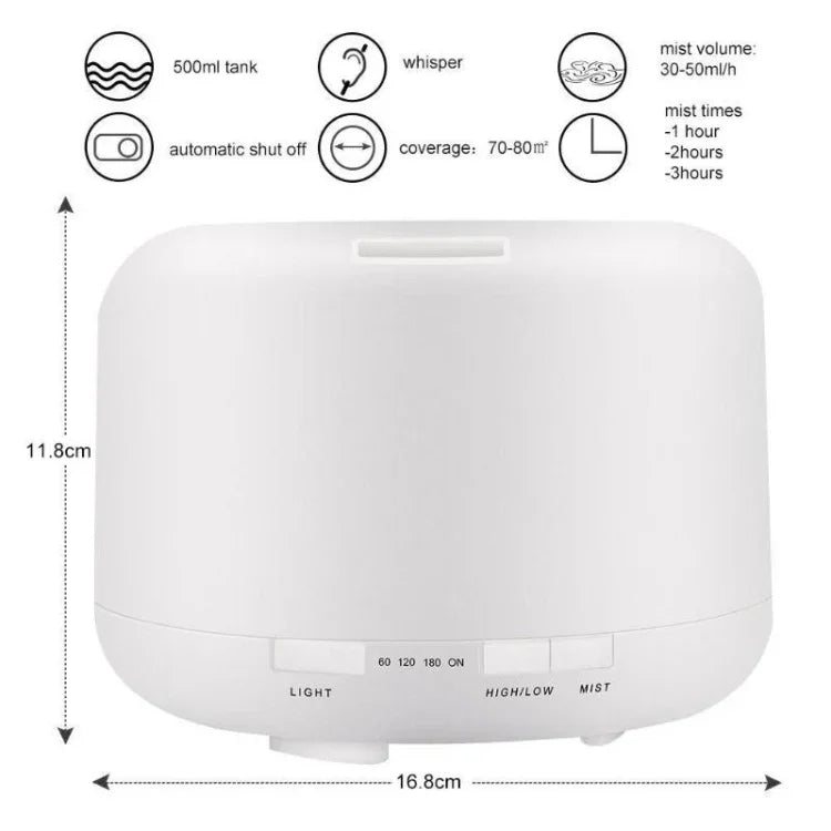 Humidificateur d'air blanc clair télécommandé T500 Vaporisateur automatique d'alcool Diffuseur d'huile essentielle Brumisateur ultrasonique Diffuseur d'arôme atomiseur LED coloré, Capacité : 500ml, DC 24V, prise US, Blanc clair (500ml), Motif bois (500ml)