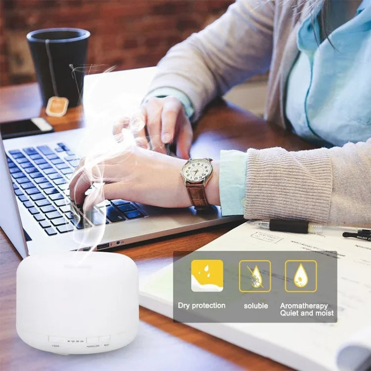 Humidificateur d'air blanc clair télécommandé T500 Vaporisateur automatique d'alcool Diffuseur d'huile essentielle Brumisateur ultrasonique Diffuseur d'arôme atomiseur LED coloré, Capacité : 500ml, DC 24V, prise US, Blanc clair (500ml), Motif bois (500ml)