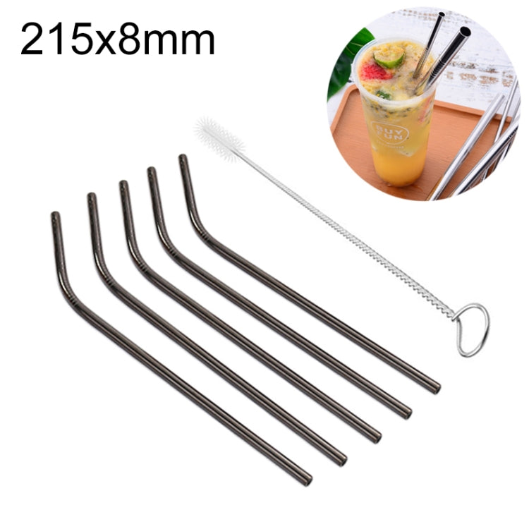 Ensemble de 5 pailles réutilisables en acier inoxydable courbées + brosse de nettoyage, 215*8mm, 215*8mm (courbée)