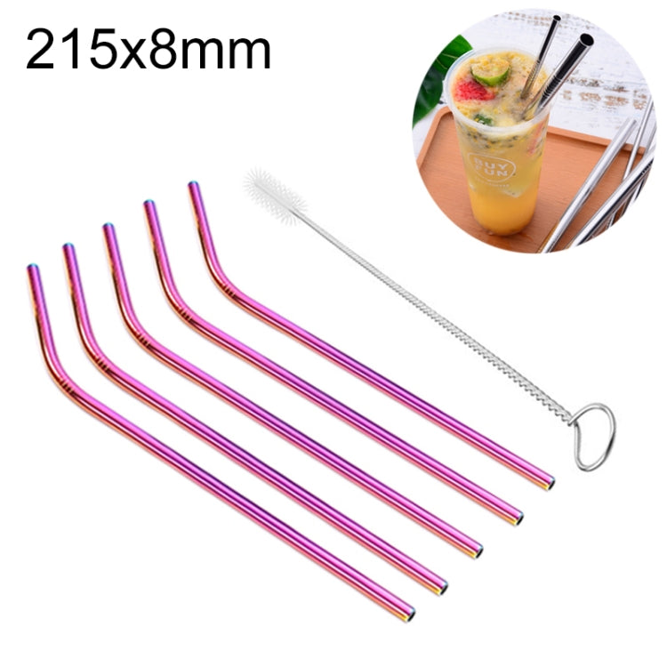 Ensemble de 5 pailles réutilisables en acier inoxydable courbées + brosse de nettoyage, 215*8mm, 215*8mm (courbée)