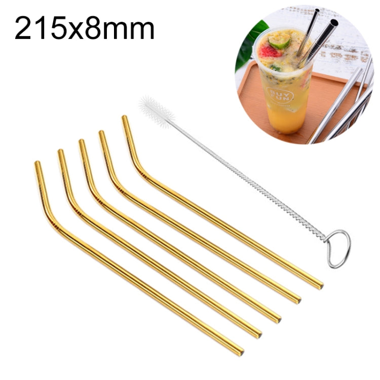 Ensemble de 5 pailles réutilisables en acier inoxydable courbées + brosse de nettoyage, 215*8mm, 215*8mm (courbée)
