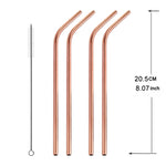 Ensemble de 5 pailles réutilisables en acier inoxydable courbées + brosse de nettoyage, 215*8mm, 215*8mm (courbée)