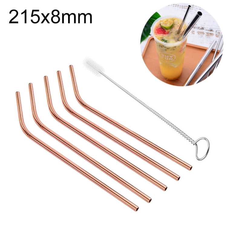 Ensemble de 5 pailles réutilisables en acier inoxydable courbées + brosse de nettoyage, 215*8mm, 215*8mm (courbée)
