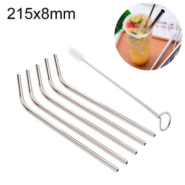 Ensemble de 5 pailles réutilisables en acier inoxydable courbées + brosse de nettoyage, 215*8mm, 215*8mm (courbée)