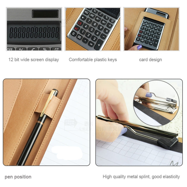 Chemise porte-documents professionnelle en cuir avec bloc-notes A4 de 30 pages et calculatrice