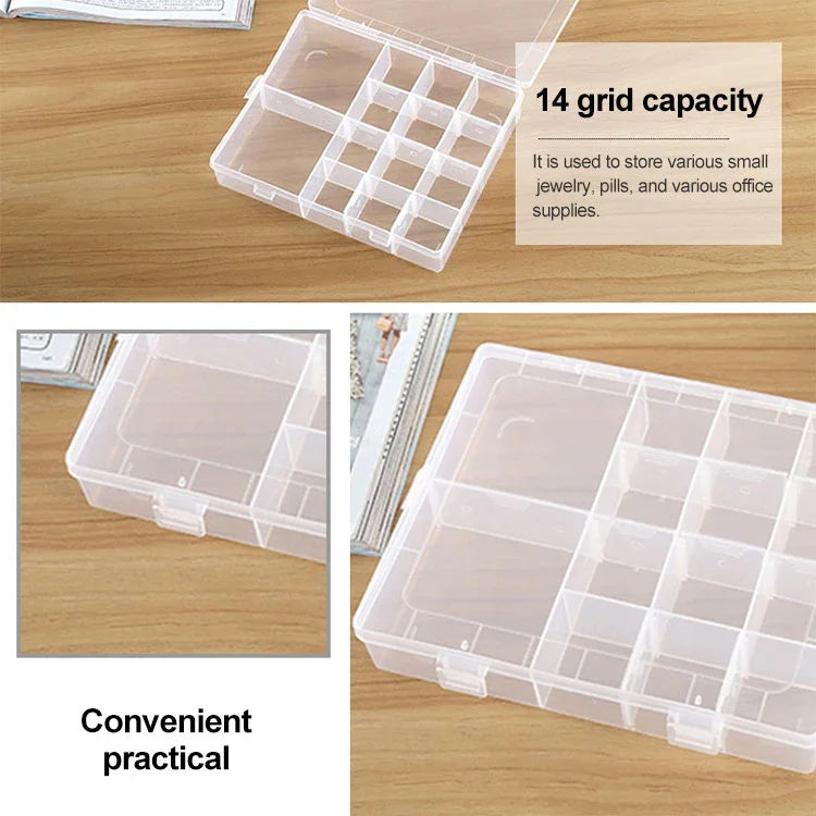 Boîte de rangement en plastique, 14 compartiments, séparateur réglable, grille amovible pour bijoux, boucles d'oreilles, hameçons, petits accessoires, 14 compartiments
