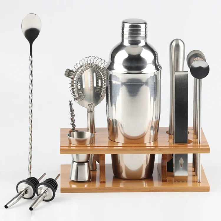 Ensemble de 14 outils de bar en acier inoxydable avec support en bambou, capacité : 750 ml, 750 ml, bambou