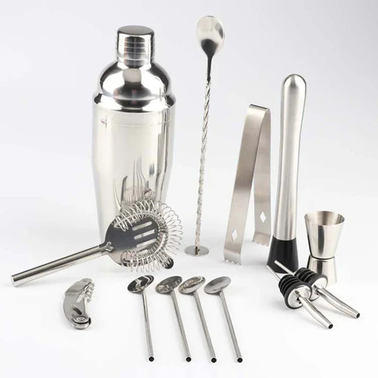 Ensemble de 14 outils de bar en acier inoxydable avec support en bambou, capacité : 750 ml, 750 ml, bambou