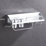 50cm 2 Cups 8 Hooks Multi-function Kitchen Punching-free Wall-mounted Plastic Edge Condiment Holder Storage Rack, 50cm Punching-free Plastic Edge