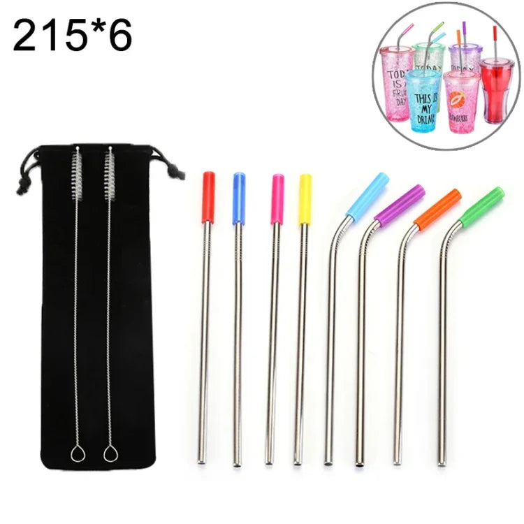 8 pailles réutilisables en acier inoxydable avec embouts en silicone + 2 brosses de nettoyage avec sac en cachemire, 215*6mm, 215*6mm