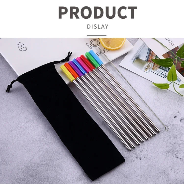 8 pailles réutilisables en acier inoxydable avec embouts en silicone + 2 brosses de nettoyage avec sac en cachemire, 215*6mm, 215*6mm