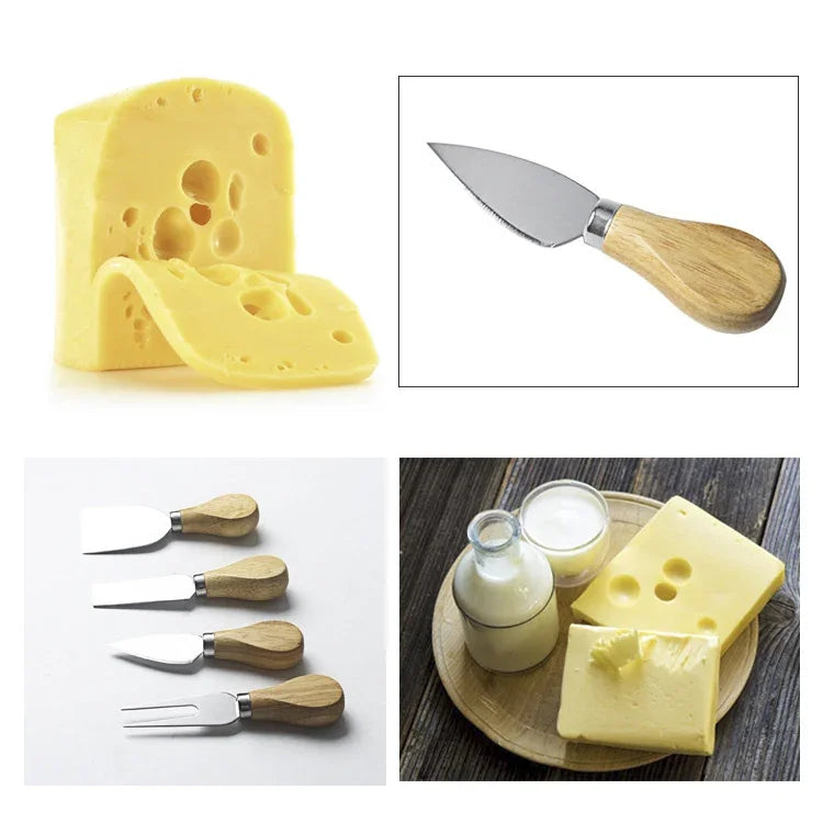 kn603 Lot de 4 couteaux à fromage en acier inoxydable avec manche en bois Outil de cuisson